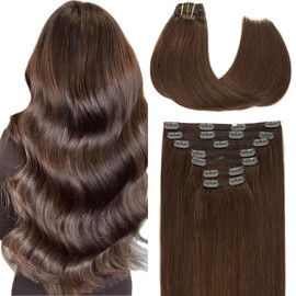 VINBAO Clip-In Real Hair Extensions, Dark Brown, 40 cm, 140 g, Human Hair, Remy Clip-In Extensions, Double Wefts, 7 Pieces, #4