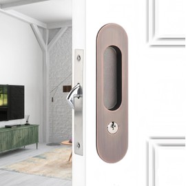 Sliding Pocket Door Lock,173mm Sliding Door Latch with Turn Knob for Interior Wooden Door,Invisible Recessed Door Handle with Key,Keyed Pocket Door Mortise Lock (Red Bronze)