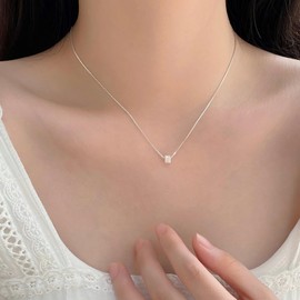VIROMY Women's Necklace, Cube, Stainless Steel, Hypoallergenic, Pendant, Venetian 0.04 inch (1 mm), Silver, Cute, Simple, Stylish, Everyday Use, Adjustable, Gift Box Included, Stainless Steel