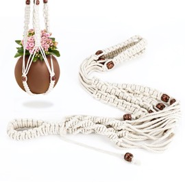 Necamocu Macrame Plant Hanger with Colored Wood Beads and 2PCS Hooks, Elegant Hanging Plant Holder for Indoor Outdoor Plants, Sturdy Hanging Planters with No Tassel, 33 Inch, Ivory