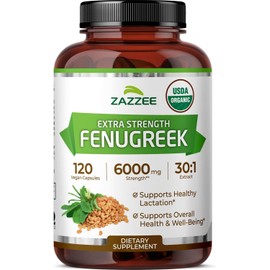 Zazzee USDA Organic Fenugreek 30:1 Extract, 6000 mg Strength, 120 Vegan Capsules, 4 Month Supply, Standardized and Concentrated 30X Extract, 100% Vegetarian, All-Natural and Non-GMO