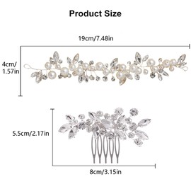 2 PCS Bridal Hair Set Pearl Headband Crystal Rhinestone Hair Comb Handmade Wedding Hair Accessories for Brides Bridesmaids
