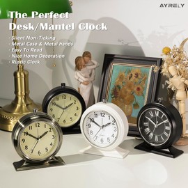 AYRELY 4 Inch Small Alarm Clock - Retro Alarm Clock Analogue No Ticking with Light, Silent Metal Table Clock for Bedroom, Shelf or Bedside Table (Glod)