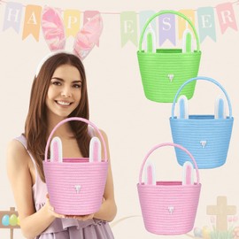 QOUBAI 3 Pack Easter Baskets Woven Bunny Basket with Rabbit Ears Rope Easter Eggs Basket with Handles for Toddler Boy Girl Candy Gift Toy Storage Easter Egg Hunt Party Favor Supplies(Pink,Blue,Green)