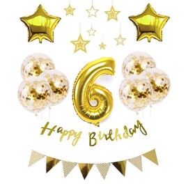 Happy Birthday Balloons, Star Balloons, Aluminum, Numbers (6), Children's Birthday Party, Luxurious Birthday, Decoration Set, Gold (yj-xx06)