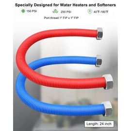 2 Pcs 24 Inch Flexible Stainless Steel Corrugated Water Heater Connector for Water Heater Water Softener, Hot and Cold Water Heater Hose Line, Blue and Red Water line, 1" FIP x 1" FIP