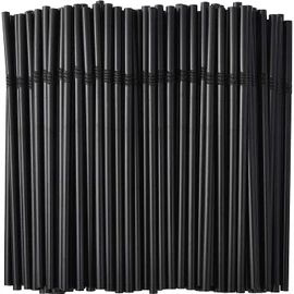 ALINK 100-Pack Black Flexible Drinking Straws, Plastic Disposable Bendy Straws - 7.75" x 0.23"