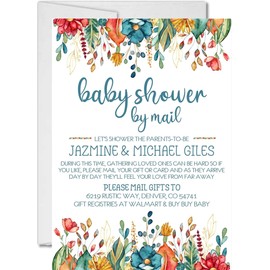 Boys Rustic Baby Shower By Mail Invitations, Virtual Baby Shower Invitation Card Sets With Matching Return Address Labels, Far Away Baby Shower Invitations For Boys