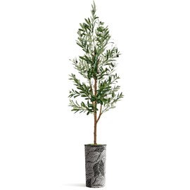 Artificial Tree in Vibrant Black and White Abstract Leaf Planter, Fake Olive Silk Tree for Indoor and Outdoor Home Decoration - 68" Overall Tall (Plant Pot Plus Tree)