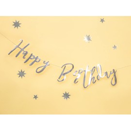 PartyDeco "Happy Birthday" Silver Paper Banner for Birthdays, Dimensions: 16.5 x 62 cm, Decoration, Birthday Party, Backdrop, Anniversary Party Curtain