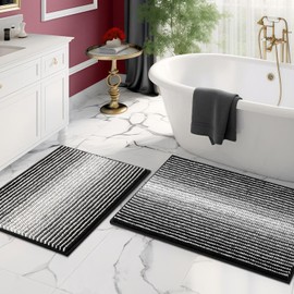 BSICPRO Bathroom Rugs and Mats Sets, 2 Piece Thick Absorbent Chenille Bath Mat Set Non Slip, Soft Shaggy Bath Room Floor Mats , Machine Washable (20" x 32" Plus 16" x 24", Black)