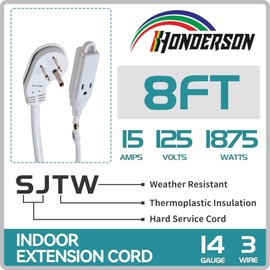 HONDERSON 3-Outlets Flat Plug Indoor Extension Cord Outlet Extender, UL Listed, 14 Gauge 8FT White 3 Prong Heavy Duty, 14/3 SJTW 15A Power Strip