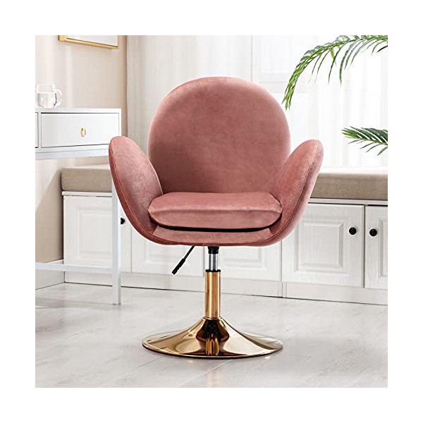 Wahson Velvet Armchair Occasional Tub Chair Height Adjustable Accent Chair with Golden Base, Leisure Swivel Chair for Living Room/Bedroom/Vanity, Pink