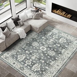 jinchan Area Rug 8x10 Washable Rug, Vintage Large Floral Oriental Mat Ultra-Thin Non Slip Traditional Border Carpet for Bedroom Living Room Dining Room Kitchen Farmhouse Decor Gray