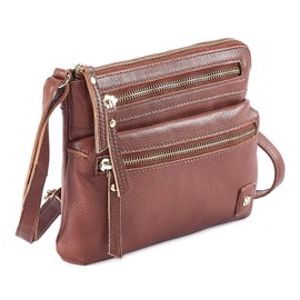 Wise Owl Accessories Small Triple Zip Real Leather Women's Crossbody- Premium Vintage Crossover Shoulder Sling Bag (Tan Nappa)