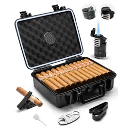 Flauno Travel Cigar Humidor - Large Portable Humidor Case with Lighter (Without Gas), Cutter, Humidifier, 2 Holders, Waterproof & Crushproof, Airtight Seal, Holds 36 Cigars