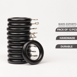 12 Pack of Black 2 Inch, Wooden Curtain Rod Rings with Hooks, Decorative Drapery Hooks for Hanging Drapes, Vintage, Cafe and Shower Curtains, Tension Rod Hangers & Home Decor, 1.25 Inner Dia.