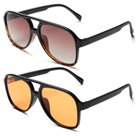 70s Retro Aviator Sunglasses for Women – Men Large Frame Square Vintage Orange Sunglasses UV400 Protection (Orange + Brown Tortoise) - 2 Pack