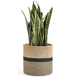 Dahey Jute Rope Plant Basket Modern Woven Storage Basket for 10" Indoor Planter, Decorative Flower Pots Cover Laundry Bin with Handle Rustic Home Decor, Black