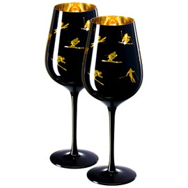 Crystal Stemmed Skiing, Apres Ski Skiier Wine Glasses Goblets - Set of 2-14oz Vibrant Themed Winter Snow Sports Ski & Snowboard Frosted Glass, Black & Gold Etched, Great for Gifts for Her, Him Skier