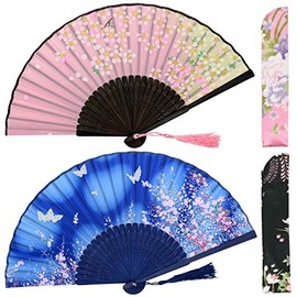 OMyTea Folding Hand Fans for Women - Chinese Japanese Vintage Bamboo Silk Fans - for Hot Flash, EDM, Music Festival, Party, Dance, Performance, Decoration, Wedding, Gift (Blue & Pink Sakura)