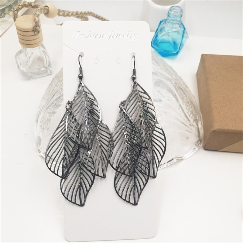 MALOYANVE Black Layered Leaf Earrings for Women Big Bohemian Lightweight