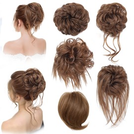 HSLHDI Messy Hair Bun Hair Piece for Women Short Bun Tousled Synthetic Elastic Scrunchies Hairpiece for Women Girls (1-5pcs, 12#-Light Brown)……