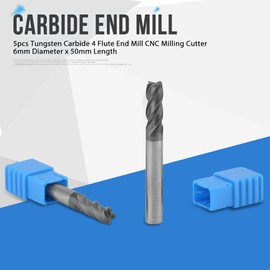 5 Pcs End Mill, Tungsten Carbide 4 Flute End Mill Set, CNC Milling Cutter 6mm Diameter x 50mm Length for Milling Holes, Grooves and Edges on Plates