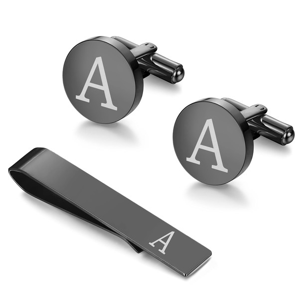 LOYALLOOK Black Initial A Cufflinks and Tie Clip Set for