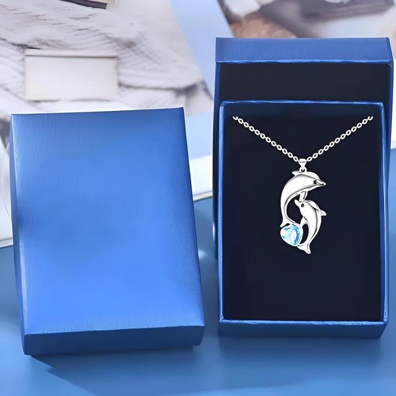 SUPAC Fashion Dolphin Necklace Heart-shaped Cubic Zirconia Decor Pendant Necklace,