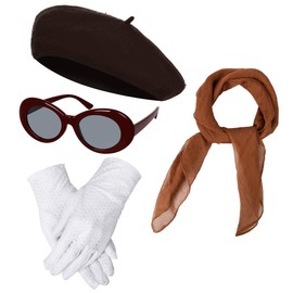 Women Girls French Themed Party Beret Hat Chiffon Scarf Gloves Retro Oval Sunglasses Fancy Dress Costume accessories Set (Brown)