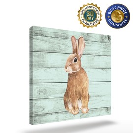 YOKOU Canvas Wall Art, Happy Easter Spring Watercolor Rabbit Bunny Vintage Wooden Plank Square HD Print Oil Painting on Canvas Framed Decorations Art for Bedroom Living Room Kitchen, 12"x12"
