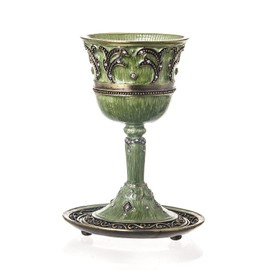 Jewish, Shabbat Elegant Jeweled Green Enamel & Pearls Kiddush Cup, Saucer included, Gift Box Included. 4.75" Tall