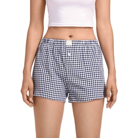 Womens Boxer Shorts Low Waist Plaid Print Pajama Lounge Shorts Elastic Cute Button Front Bottoms Sleepwear Blue