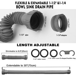 Flexible Sink Drain Pipe P Trap 1-1/2" (Grey), 1 1/4 to 1 1/2 Sink Drain Adapter Included, 1-1/4" P Trap, Adjustable Sink Trap Kit for Kitchen, Bathroom, Variable Height Shampoo Bowls, 1 Pack