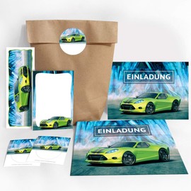 JuNa-Experten 12 Einladungskarten Geburtstag Kinder Junge Rennauto/Rennwagen/Auto incl. 12 Umschläge, 12 Tüten/natur, 12 Aufkleber, 12 Lesezeichen, 12 Blöcke