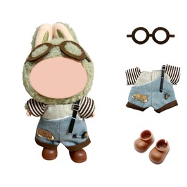 17cm (6.7") Plush Doll Clothes Set - 4Pcs Doll Outfit with Glasses, Tee, Overalls & Shoes, Doll Clothes Accessories Clothes Clothes Designer Doll Closet Clothes for Doll