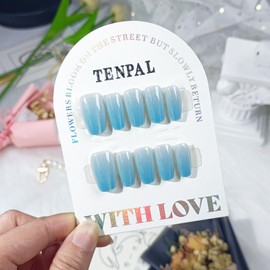 TENPAL Handmade Press on Nails Medium Sea Salt Ice Ombre Blue Cat Eyes Fake Nails With Soft Gel Finished Acrylic Glitter Coffin False Nails For Women Girls 10pcs/Box Sky Light Blue Nails(S)