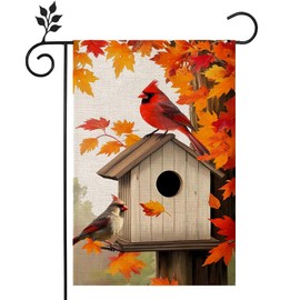 Fall Cardinal Bird Garden Flag 12x18 Inch Double Sided Outside Autumn Yard Decor Flag Maple Leaves Welcome Autumn Thanksgiving Holiday Outside Decorations Burlap Yard Flag