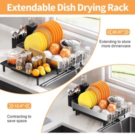 Urackify Dish Rack for Kitchen Counter, 304 Stainless Steel Dish Drying Rack, Expandable Dish Drainer, Foldable Dish Strainer with Cutlery Holder, Kitchen Plate Rack (Black, Large Size)
