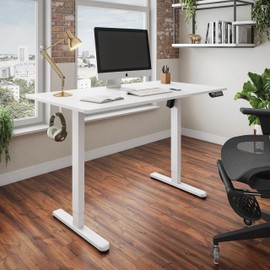 Techni Mobili 47.25” W Electric Standing Desk, Height Adjustable Sit-to-Stand Desk with 3 Memory Presets and Dual Accessory Hooks, Computer Workstation for Home or Office (White)