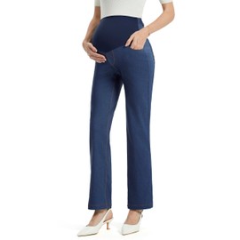 AFITNE Women's Stretch Maternity Jeans Over The Belly Straight Leg Pregnancy Denim Work Casual Pants with Pockets 31" Medium Blue XL