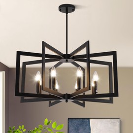 Black Farmhouse Chandelier, 8-Light Geometric Dining Room Fixture, Modern Industrial Foyer Lighting Fixtures, Rustic Hanging Pendant Lights for Living Room, Bedroom, Entryway, Kitchen Island