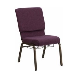 18.5" PLUM FABRIC STACKING HERCULES CHURCH CHAIR WITH BOOK RACK-GOLD VEIN FRAME