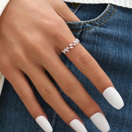 Gold Adjustable Ring for Women Leaf Ring Dainty Stackable Rings for Women with Cubic Zirconia Wedding Rings for Women Aesthetic Jewelry for Women (Silver)