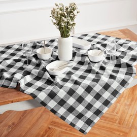 Solino Home Linen Plaid Tablecloth 52 x 52 Inch - Buffalo Check, 100% Pure Linen Black and White Table Throw - Machine Washable Tablecloth for Wedding, Parties, Spring, Mothers Day, Easter Decorations