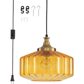 Eemmwet Plug in Pendant Light, 11-inch Pendant Lights Brushed Gold Hanging Light Plug in Base with Amber Hand-Blown Glass Lampshade, Hanging Light Plug in for Kitchen Island Dining Living Room