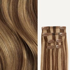 Luxy Hair 20" Chestnut Brown Highlights Thinning Hair Fill-Ins Clip-In Hair Extensions (95 grams) 100% Remy Human Hair, Coverage for Thinning Hair, 6-Piece Set, Blends Easily