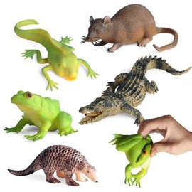 SCAHOW 5PCS Soft Rubber Squishy Toys, TPR Super Stretch Animal Toys for Kids, Rubber Animal Figures Set with Frog, Tadpole, Crocodile, Rat, Pangolin