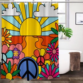 Lovetar - Cortina de ducha estilo retro, estilo clásico, estilo hippie, floral, lavable, impermeable, para decoración de baño, con 12 ganchos, 72 x 72 pulgadas